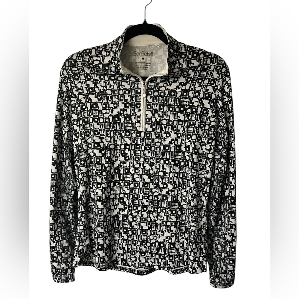 SanSoleil Long Sleeve 1/4 zip black and white geometric print top size M